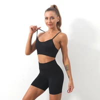 women elastic seamless sportswear solid push up fitness yoga sets sleeveless quick dry crop top shorts girl workout clothing