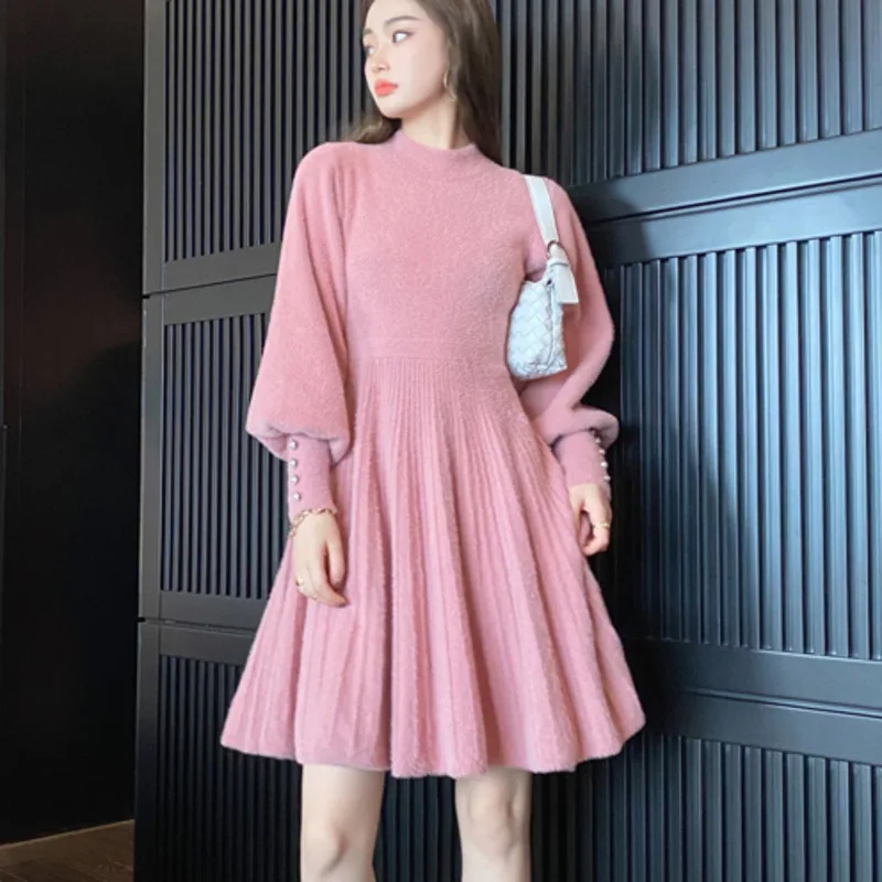 high quality autumn winter knitted sweater dress women korean sweet vestidos long sleeve button casual pull mini dress for women free global shipping