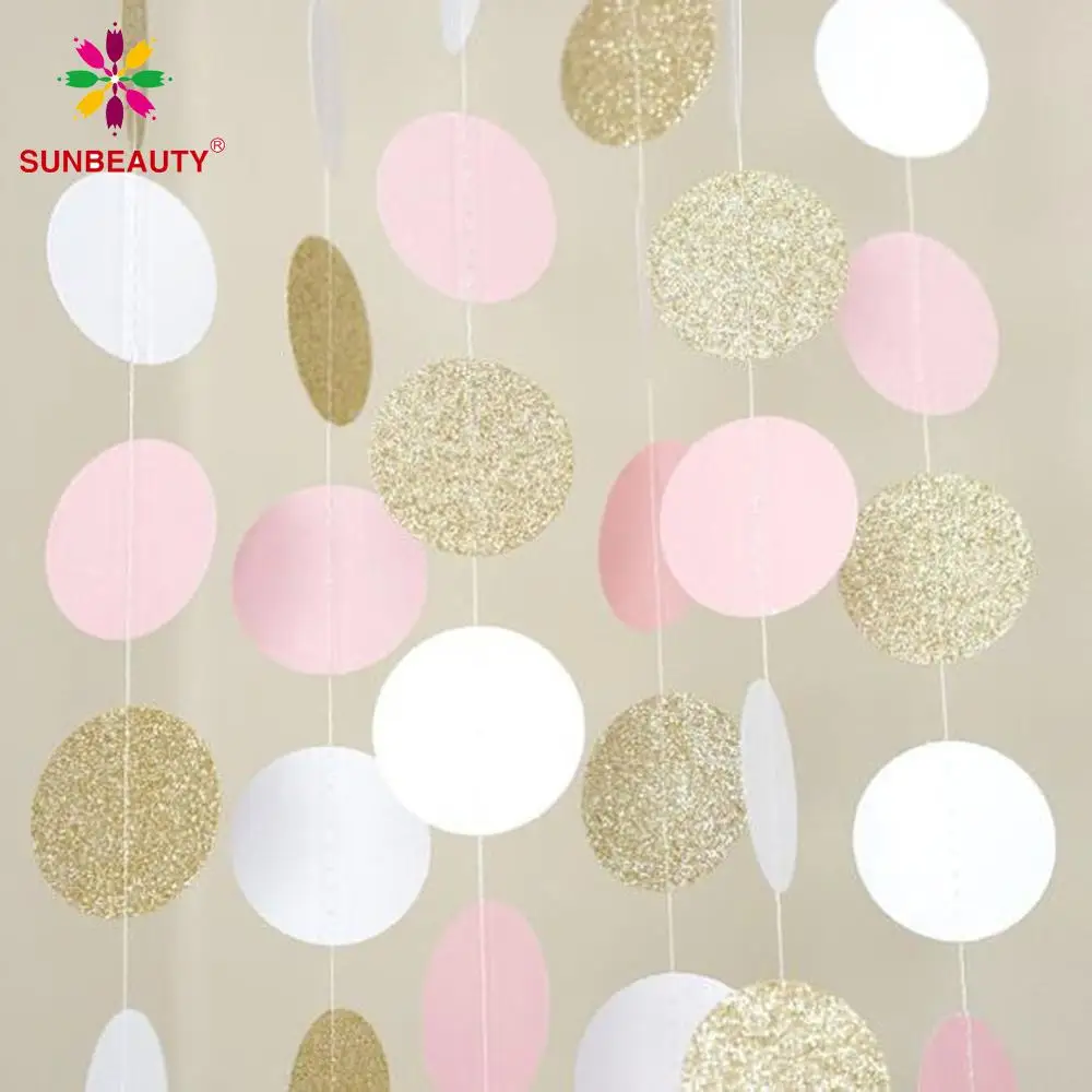 Круглая Бумажная гирлянда с узором в горошек блестками Цвет: розовый золотистый