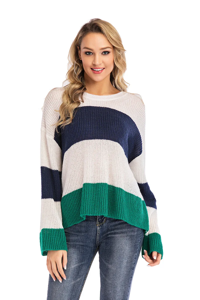 

Donsignet Women's Sweater New Fashion Spring and Autumn Round Neck Pullover Stripe Contrast Loose Knit Long Sleeves Office Lady