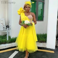 yiminpwp yellow bridesmaid dresses spaghetti straps tea length a line pleats draped wedding guest party gown maid of honor dress