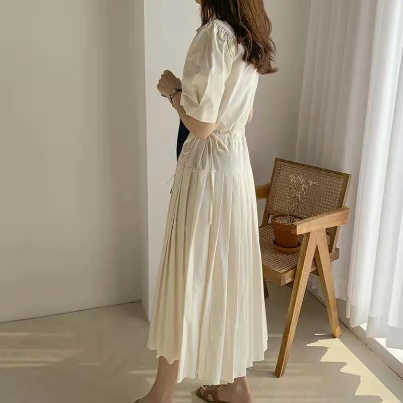 Verano cuello redondo Cordón de encaje-diseño de cintura, Vestido largo de costura, vestido coreano Chic temperamento suave de manga Puff vestido plisado