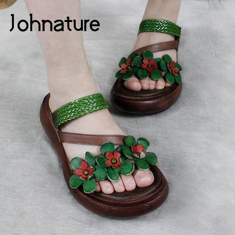 

Johnature Summer Slippers Genuine Leather Women Shoes 2021 New Slides Wedges Outside Wear Flower Handmade Ladies Slippers