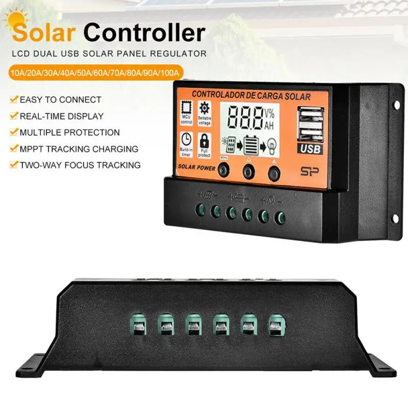 

10A/20A/30A/40A/50A/60A/70A/80A/90A/100A 12V 24V Auto Solar Charge Controller PWM Controllers LCD Dual USB 5V Output Solar Panel