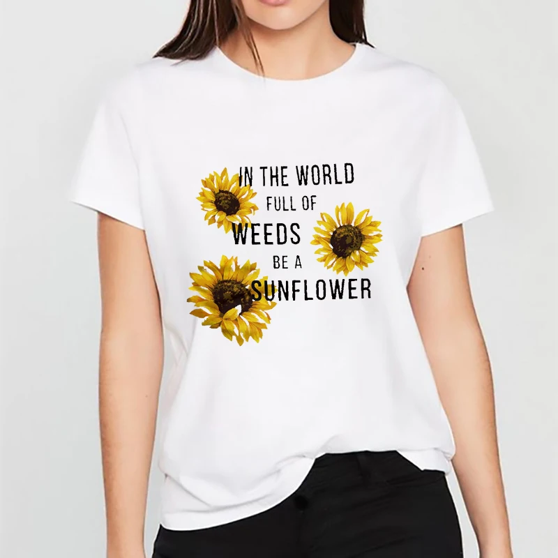 

Women Stylish Cartoon Tshirt Summer Sunflower Print Lady T-shirt White Top T Shirt Graphic Female Tee Short Sleeve T-Shirts