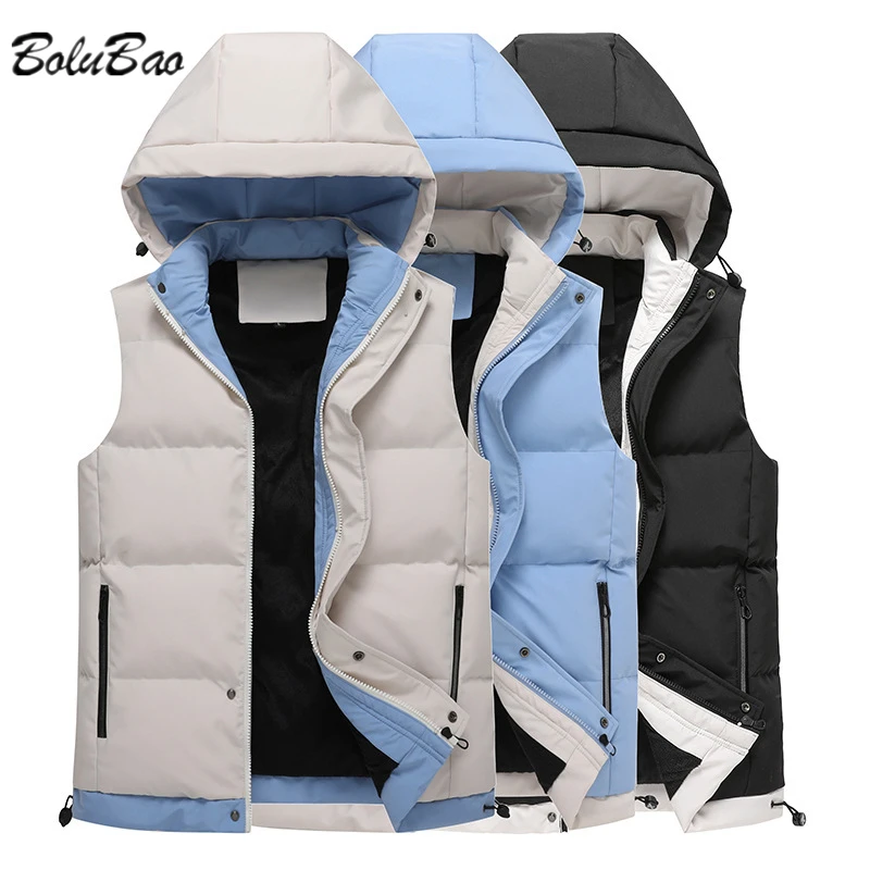

BOLUBAO Winter Men's Fashion Vest Jacket Thick Double-Side Wear Hooded Sleeveless Waistcoat Couple Street Casual Vest Male