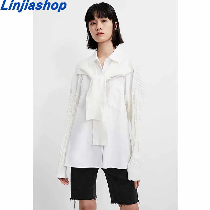 

New Spring Fashion Temperament Long-sleeved White Shirt Pure Color Loose Women Blouses + Knitted Sweager