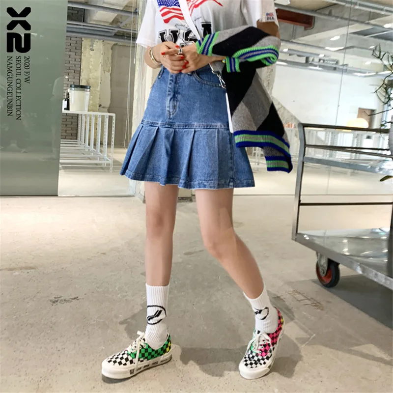 

Limiguyue Летняя женская джинсовая юбка с высокой талией, промытый, плиссированный рюшами Модная Джинсовая юбка с вышивкой трапециевидные юбки ...