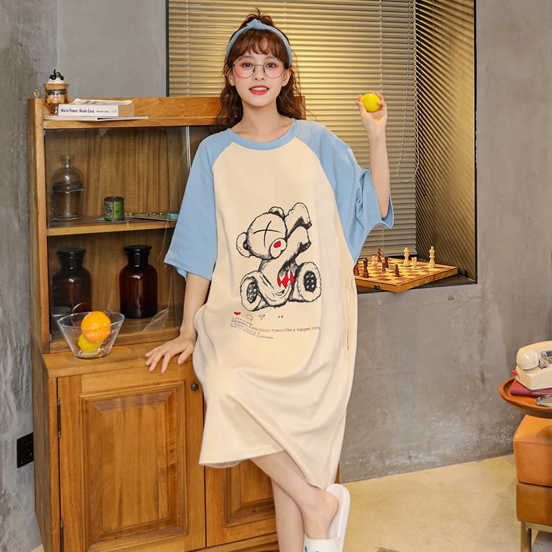

ATUENDO Summer Cute Nightgowns for Women 100% Cotton Korean Kawaii Soft Nightdress Atoff Home Satin Silk Hoemwear Sleepshirts