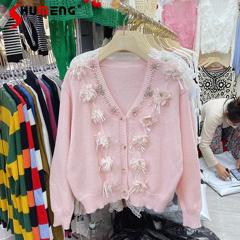 

Кардиган женский трикотажный, однотонный, с бусинами, 3D цветком, с V-образным вырезом, осень 2021