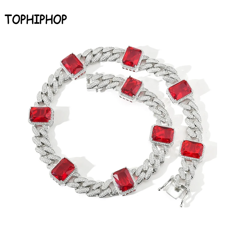 

TOPHIPHOP бижутери 13mm Miami Cuban Link Chain Red Blue Gem Necklace Micro Pave Zircon 14k Gold Choker Necklace for Women Gift