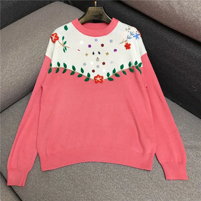 

Роскошный брендовый дизайнерский вязаный пуловер для женщин, свободный свитер ручной работы с круглым вырезом и цветами