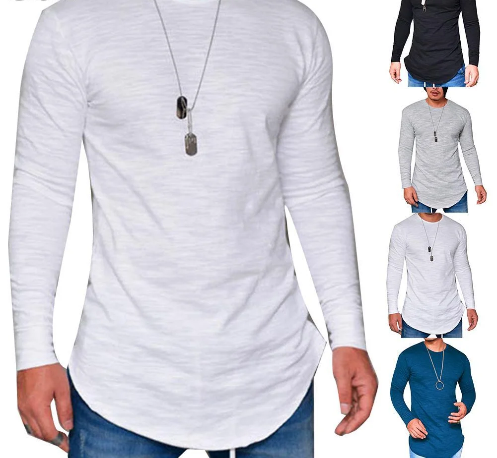 

Мужская однотонная хлопковая футболка с длинным рукавом и круглым вырезом