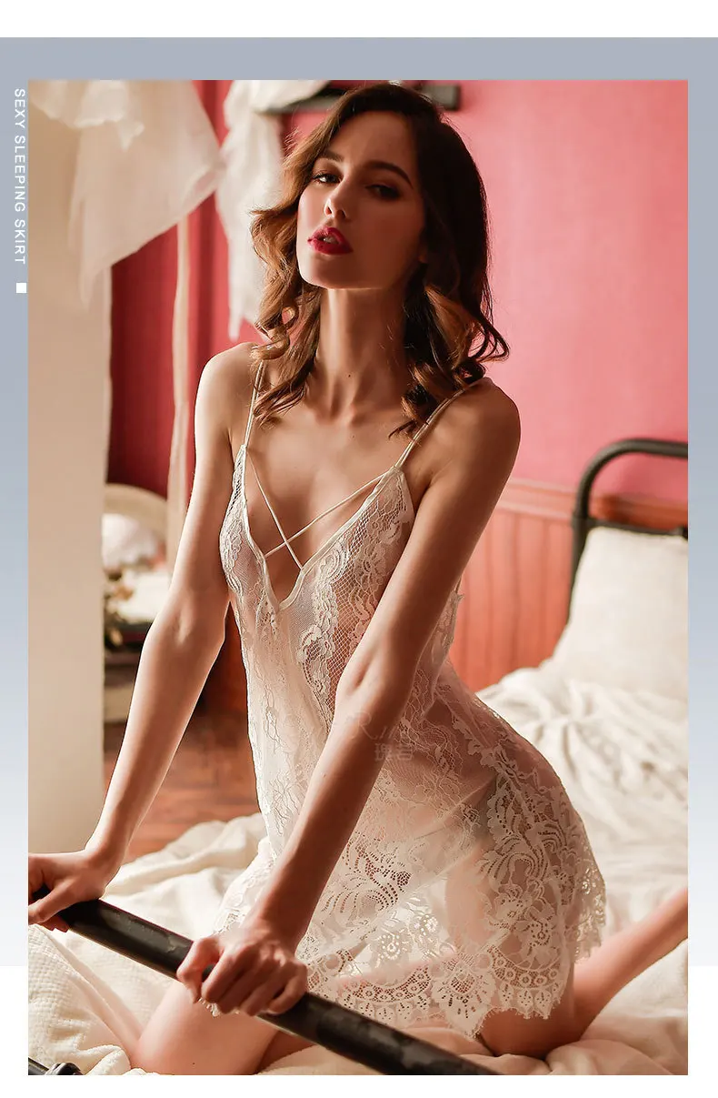 Sexy Women's Backless V-neck Nightdress Set Mesh Lace Nightdress Strap Nightdress Suit