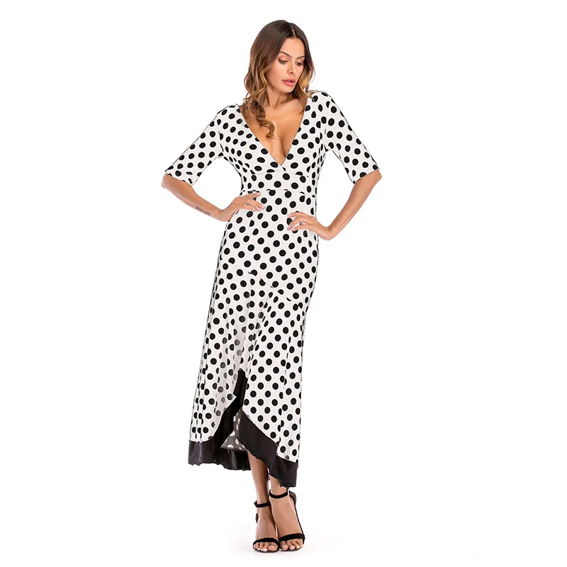 

2020 summer Polka Dot mid sleeve low cut V-neck open back irregular dress women's European and American Amazon cross border