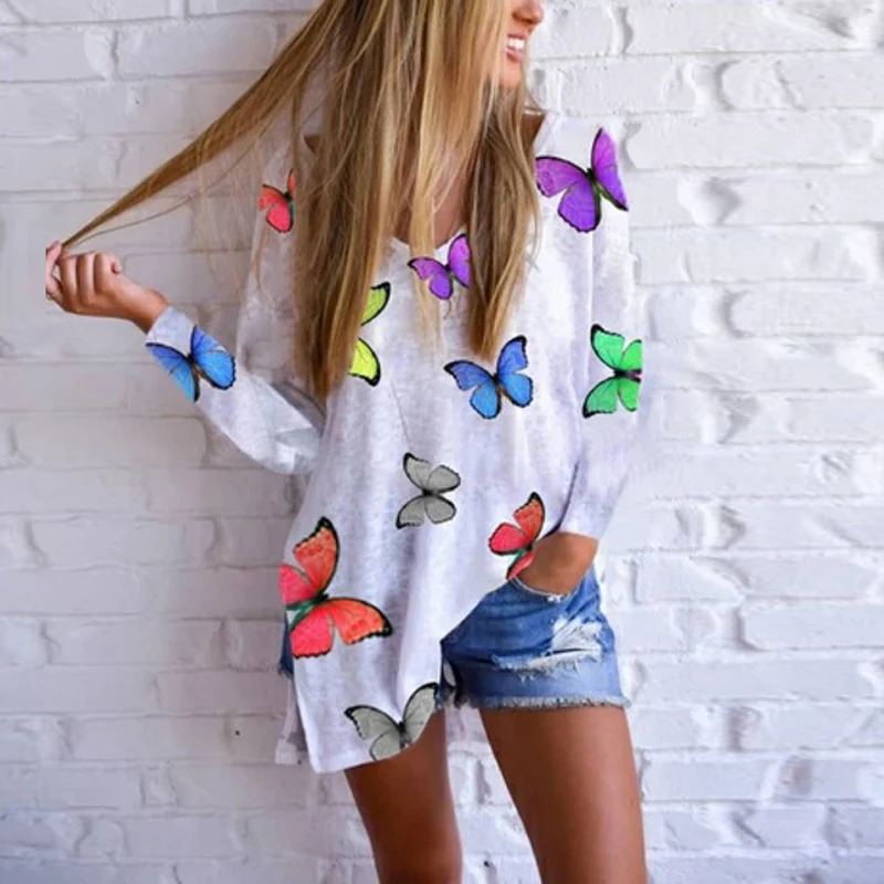 

Chinese Fashion Women T Shirts Ladies Tops 2021 Long Sleeve Autumn Tops V Neck Butterfly Print Shirts Plus Size Harajuku Shirt