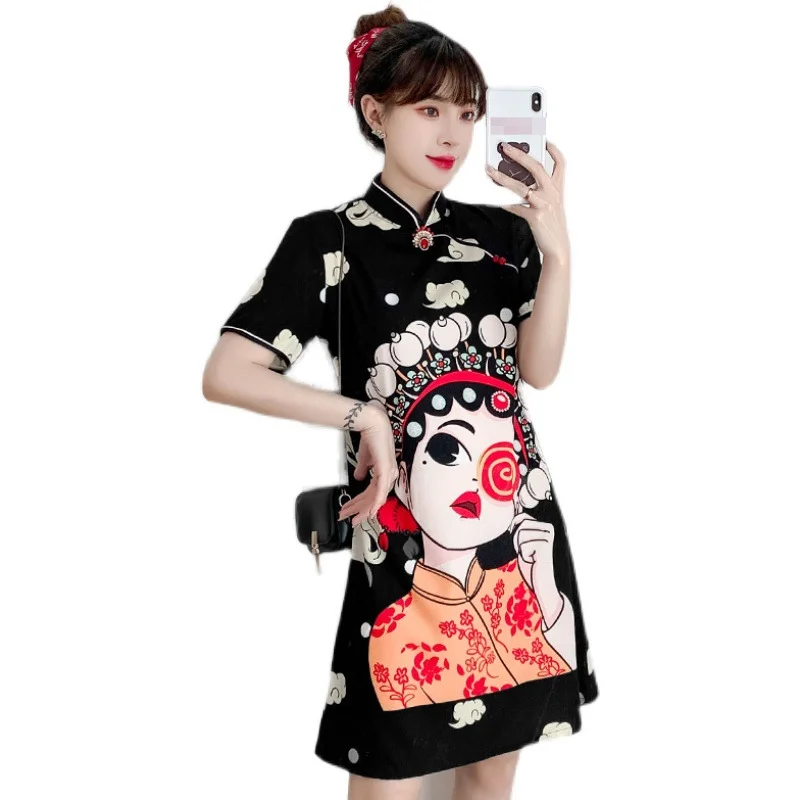 

Guofeng Chao Brand Cartoon Character Printing Summer New Cover Meat Slim Lady Temperament Improved Young Cheongsam