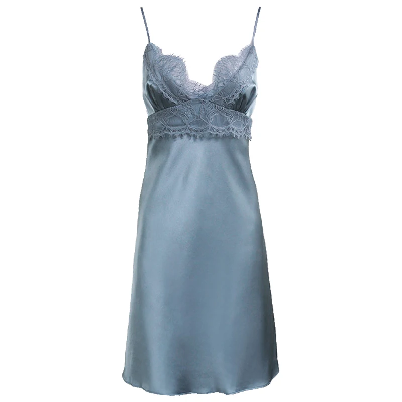 Женская шелковая ночная рубашка из 100% тутового шелка Сексуальная кружевная с