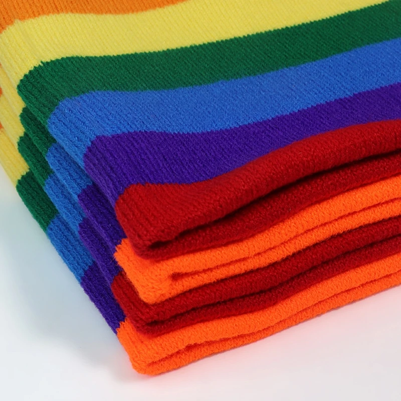 

Women Men Winter Rainbow Striped Knitted Beanie Hat Double Layer Multi Color Harajuku Hip Hop Windproof Skiing Skull Cap