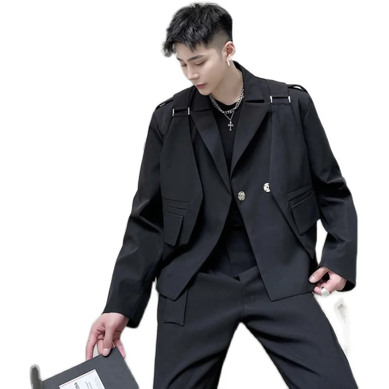 

Male Japan Korea Streetwear Vintage Casual Loose Short Style Suit Blazers Coat Outerwear Men 2 Pieces Suits Sets Jacket+Vest