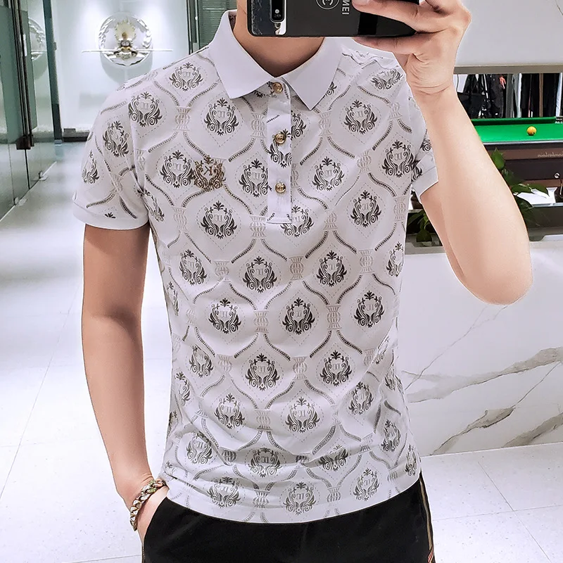 

2021 Dark Jacquard Men Polo Shirt Letter Rhinestones Short Sleeve Summer Straight Cotton Polos Male Camisetas De Verano Hombre