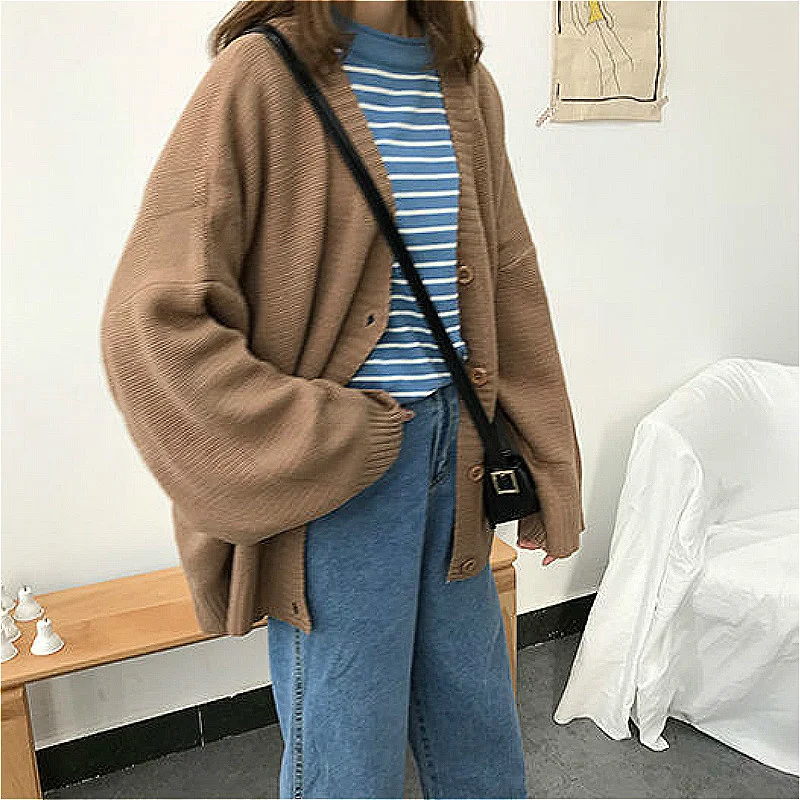 

Sweaters Women Knitting Cardigans Casual Spring 2021 V-Neck Long Sleeve Daily Solid Mujer Clothes Single Breasted Brown College