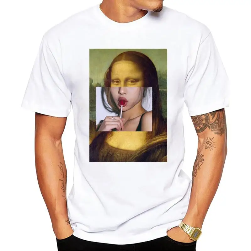 

FPACE Short Sleeve Summer Mona Lisa Lolly Pop Men T-Shirt Funny Smoking Mona Lisa Printed Tshirts Casual Tee Hipster Tops