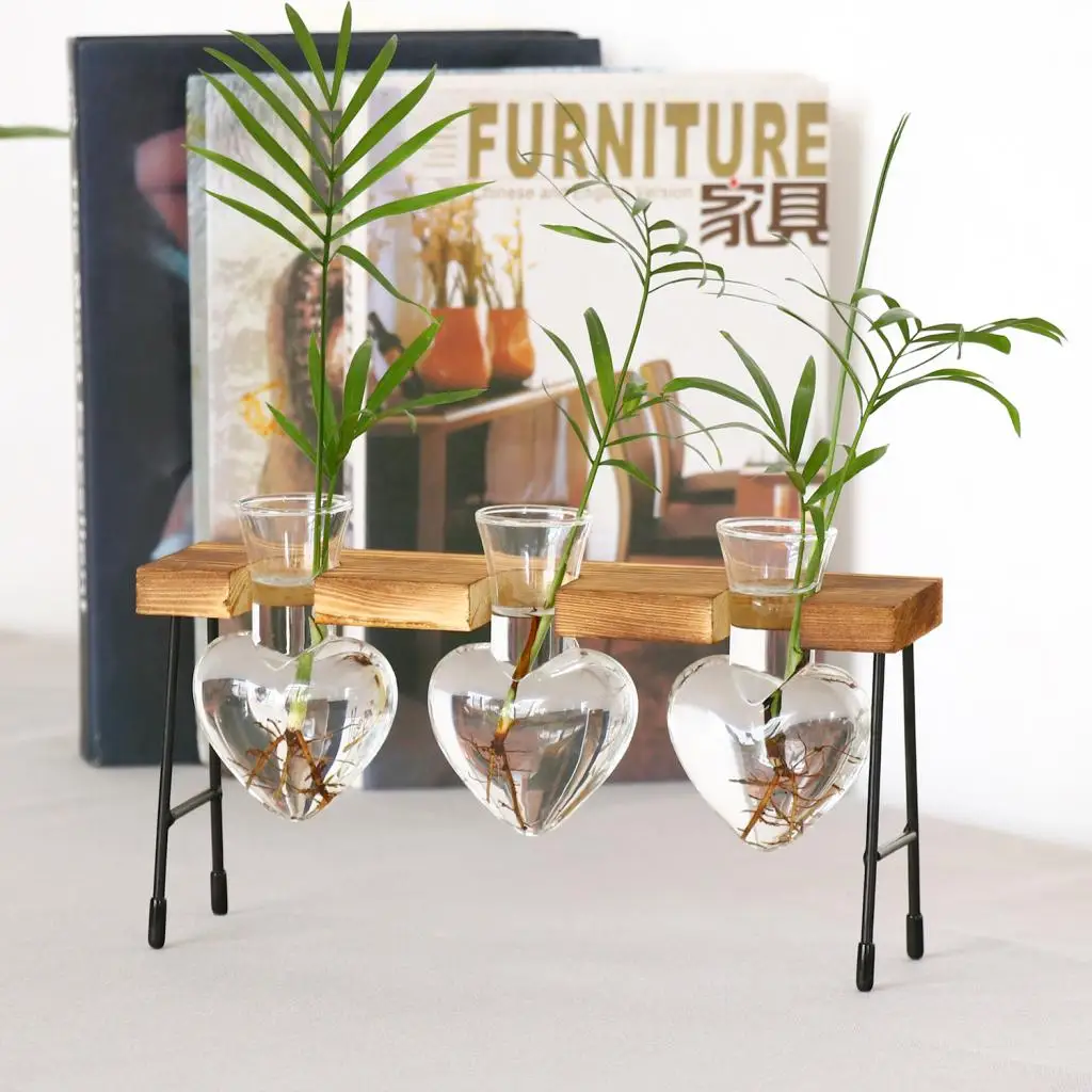 

Desktop Heart Shape Glass Hydroponic Vase Planter Bonsai Flower Pot Hanging Pots with Wooden Tray for Home Decoration Homedecor