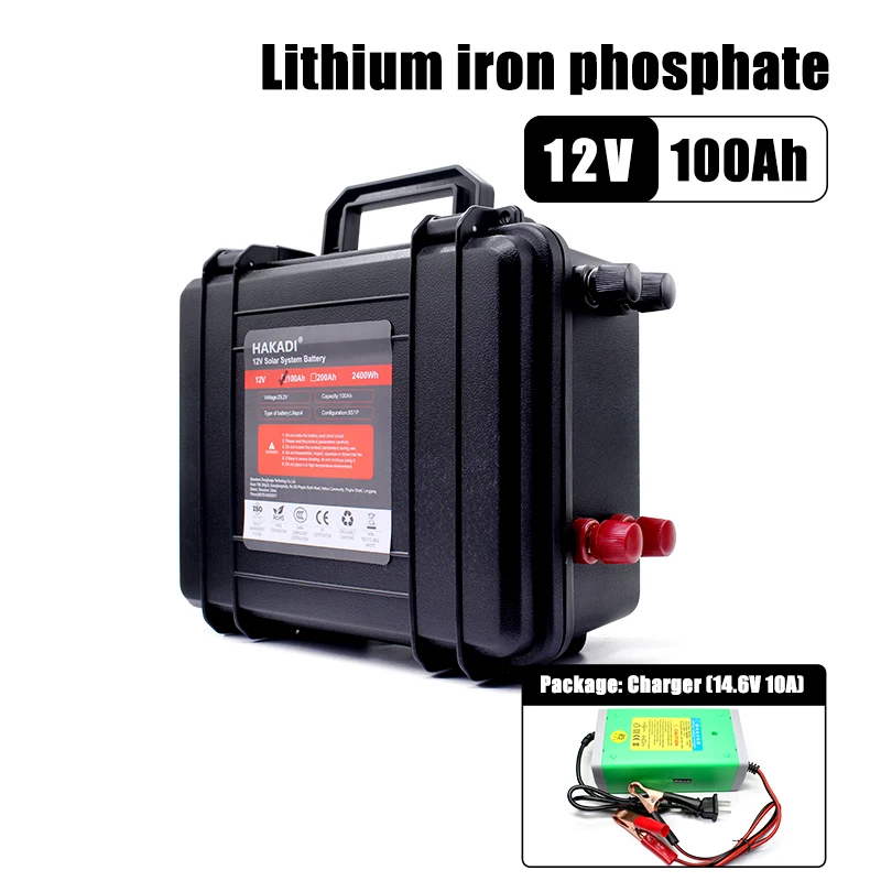 Hakadi 12V 100Ah LiFePO4 Батарея встроенный 100A BMS 2000 5000 циклов для RV караван солнечная