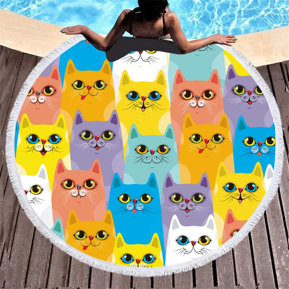 ONGLYP Round Beach Towel Cute Cat Collections Microfiber Tapestry Bedroom Rug Yoga Mat Tablecloth Swim Bath Blanket |