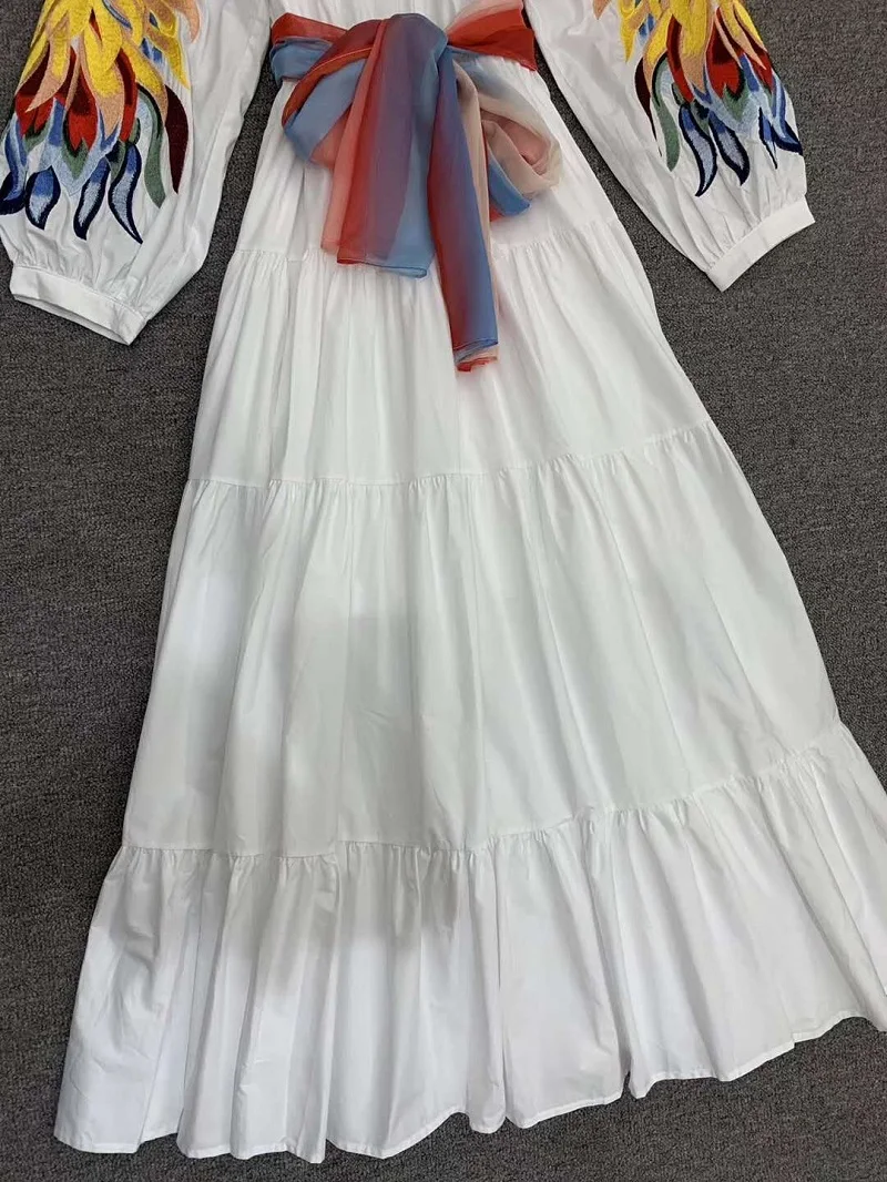 

Bohemian Long Dress 2020 Summer Casual Beach Women Phonix Print Rainbow Belt Patchwork Long Sleeve White Maxi Dress Long Lady