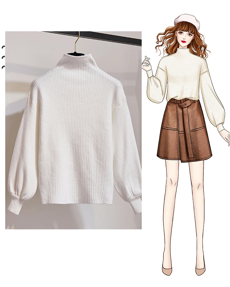 New Winter Pullover Sweater& Woolen Cloth Lantern Sleeve Knitted Top Irregular Skirt Suit With Belt Outfit Casaul Clothes