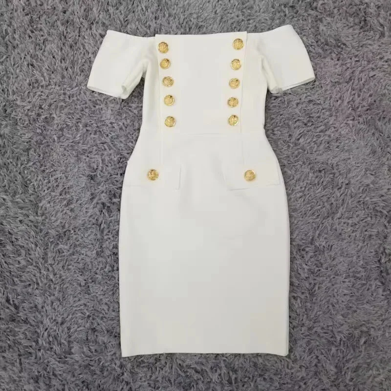 

Wome Bandage Dress 2021 Elegant Evening Party Club Dress Vestidos n Winter Sexy Off Shoulder Button White Mini Bodycon