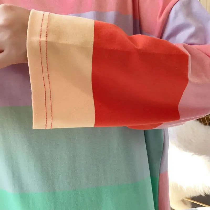 Autumn Winter Ladies Rainbow Striped Loose Long Nightdress Home O Collar Long-sleeved | Женская одежда