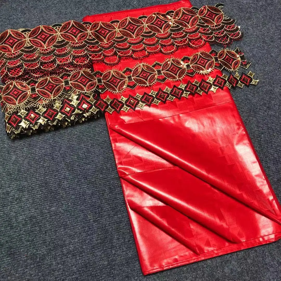 

Шикарная блестящая парчовая вышивка Bazin, 5 ярдов, с 15 ярдами блесток, сетчатая кружевная отделка, вышивка из 100% хлопка, материал для шитья и ве...