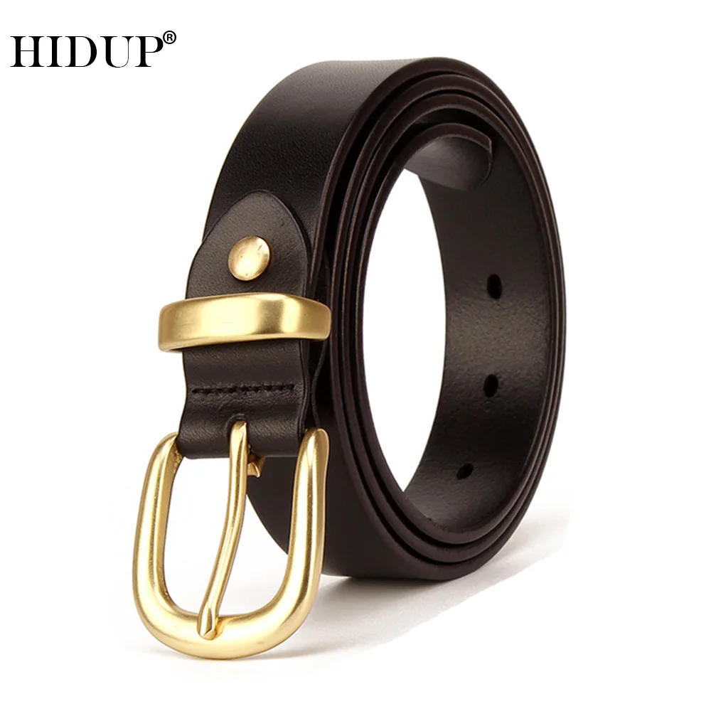 

HIDUP Ladies Quality Design Cowskin Leather Belts Retro Brass Pin Buckle Metal Belt for Women Cow Accessories 28mm Width NWJ895