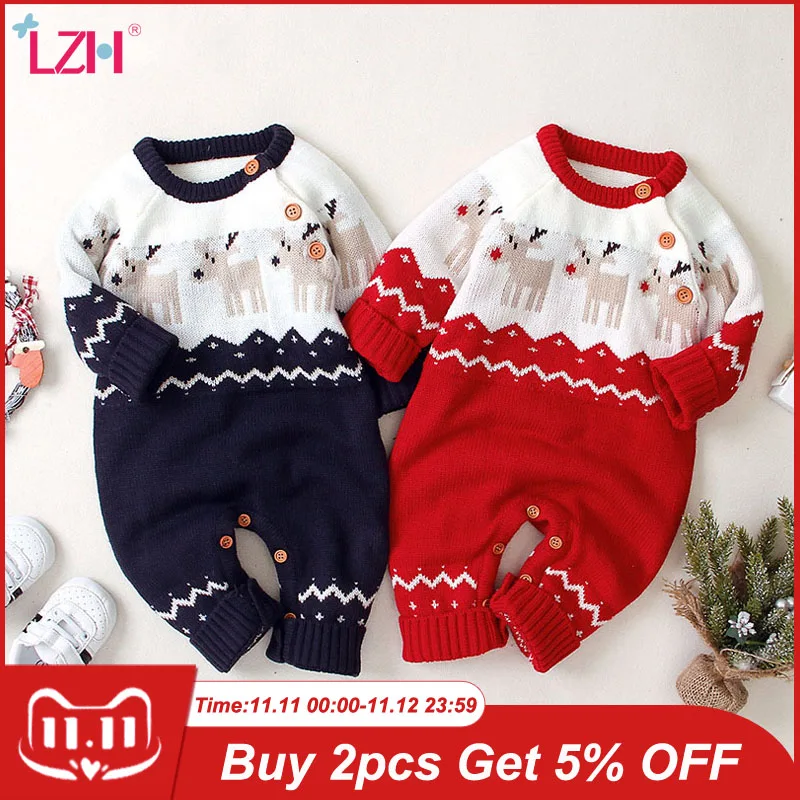 

2021 Autumn Winter Baby Boys Clothes Christmas Rompers For Baby Girls Knit Jumpsuit Newborn Romper For Infant Clothing Warm Hat