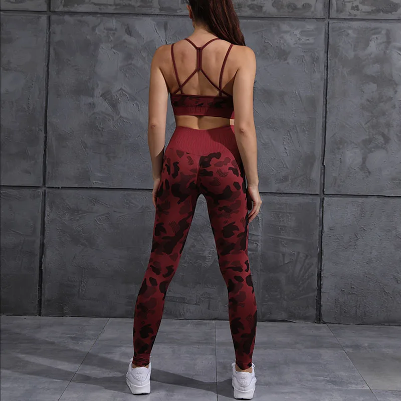

NORMOV Workout Women Sets Summer Backless Cross Bras And High Waist Push Up Leggings Suit Sexy Camouflage Printed Skinny Sets