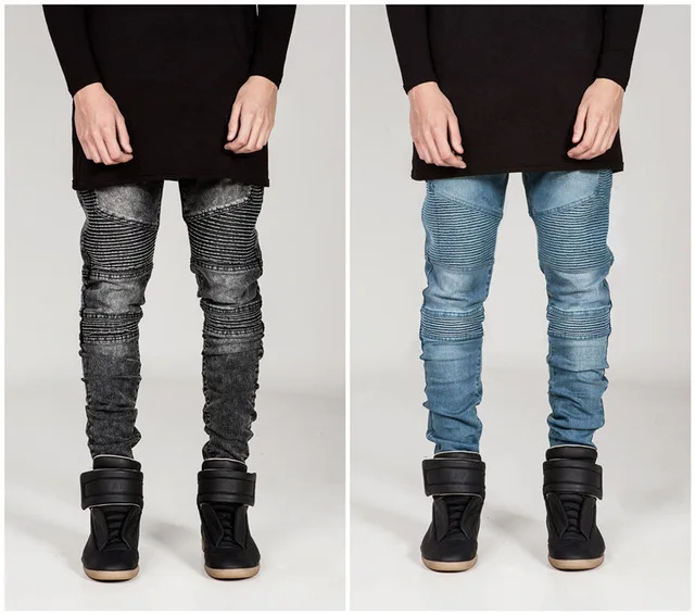 

New Dropshipping Biker Jeans Men High Quality Stretch Cargo Denim Jeans Pleated Slim Jean Men's Scratched Pants Trousers