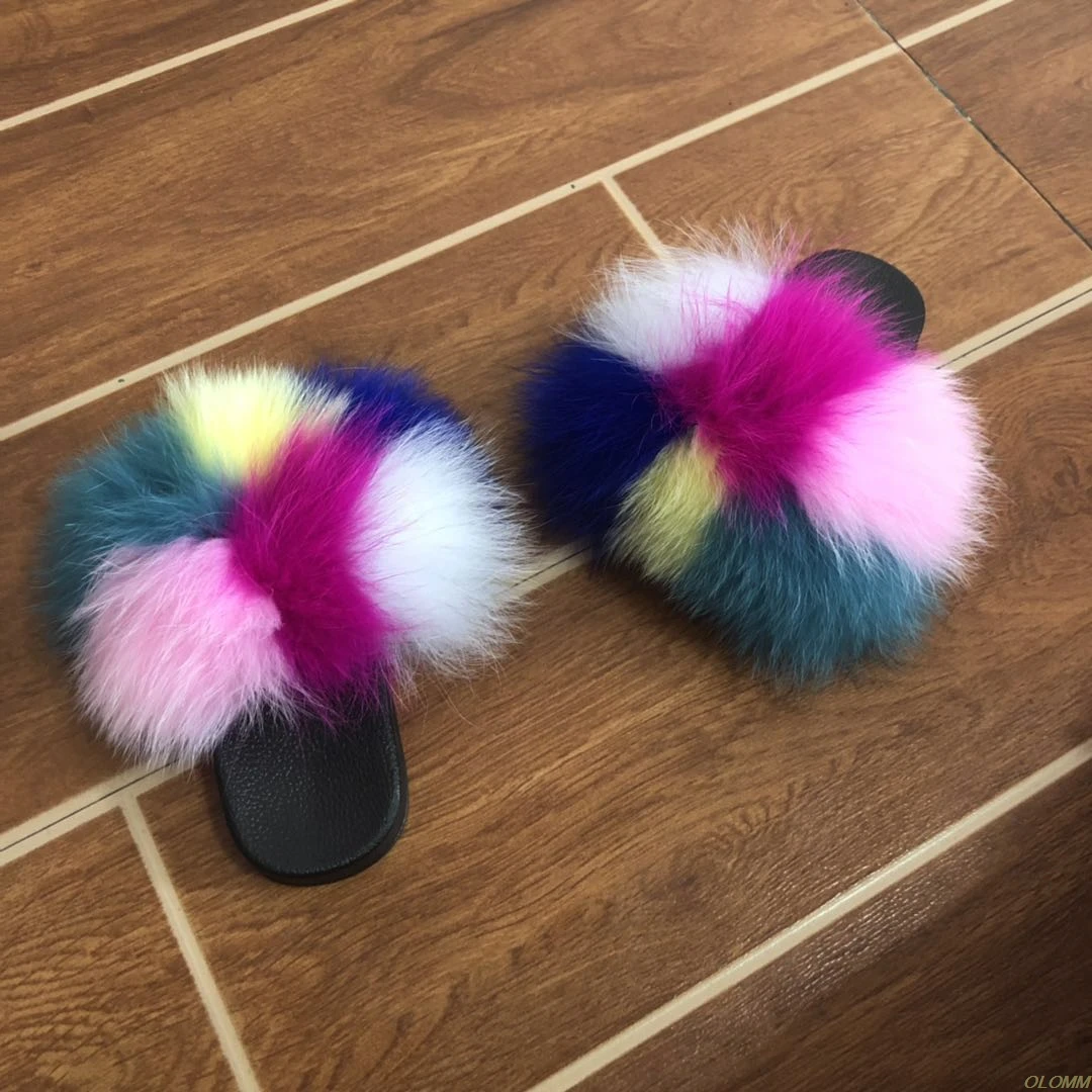 

Kids Real Fox Slippers Cute Raccoon Slides Fluffy Slippers Toddler Slipper Baby Girls Fur Slides Summer Flip Flops With Fur