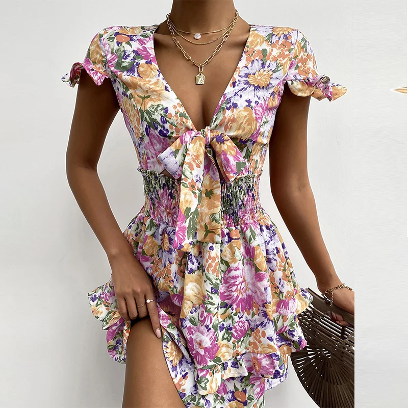 

Elegant Floral Print Women Hollow Out Beach Dress Sexy V Neck Tie-Up Mini Dress Summer Butterfly Short Sleeve Ruffle Party Dress