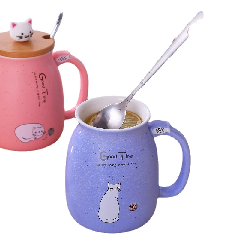 Мультяшная Цветная Керамическая чашка с котом и крышкой ложка креативная