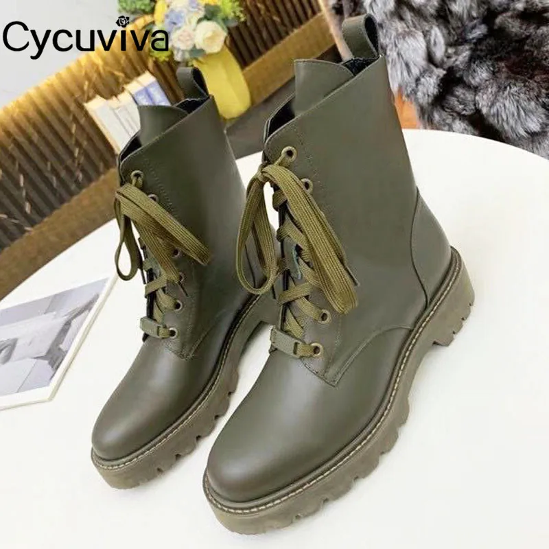 

New Lace Up Platform Combat Short Boots Thick Sole Army Green Leather Motorcycle Boots Brand Flat Winter Ankle Boots For Women