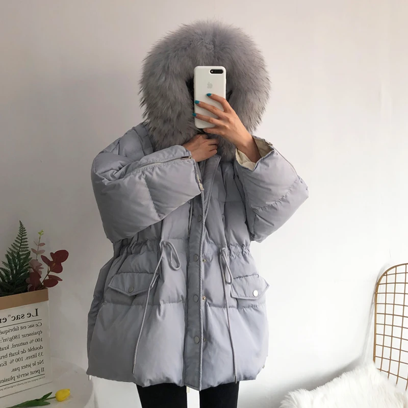 Куртка Janveny женская с большим капюшоном из натурального меха енота пуховик в