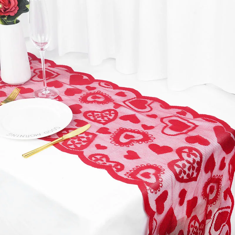 

Valentine's Day Table Runner Lacework Decorate Red Heart Print Placemat Dining Table Decor Wedding Valentine Home Party Supplies