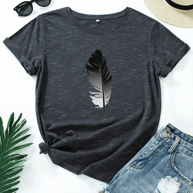 

JCGO Women T Shirt Cotton Casual Summer Feather Print Ladies Regular Short Sleeves Loose Fashion Female Graphic Tees Shirts Tops