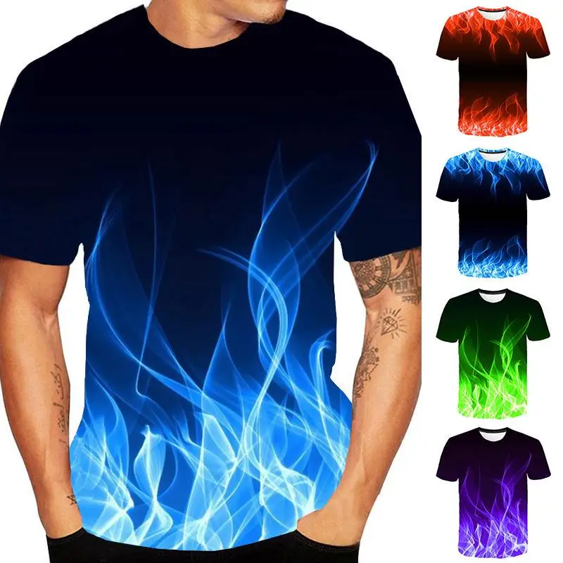 

2020 Fire Flame Graphic Men's T shirt Summer Fashion Short-sleeved 3D Round Neck Tops Smoke Element Trendy Shirt Men Clothing