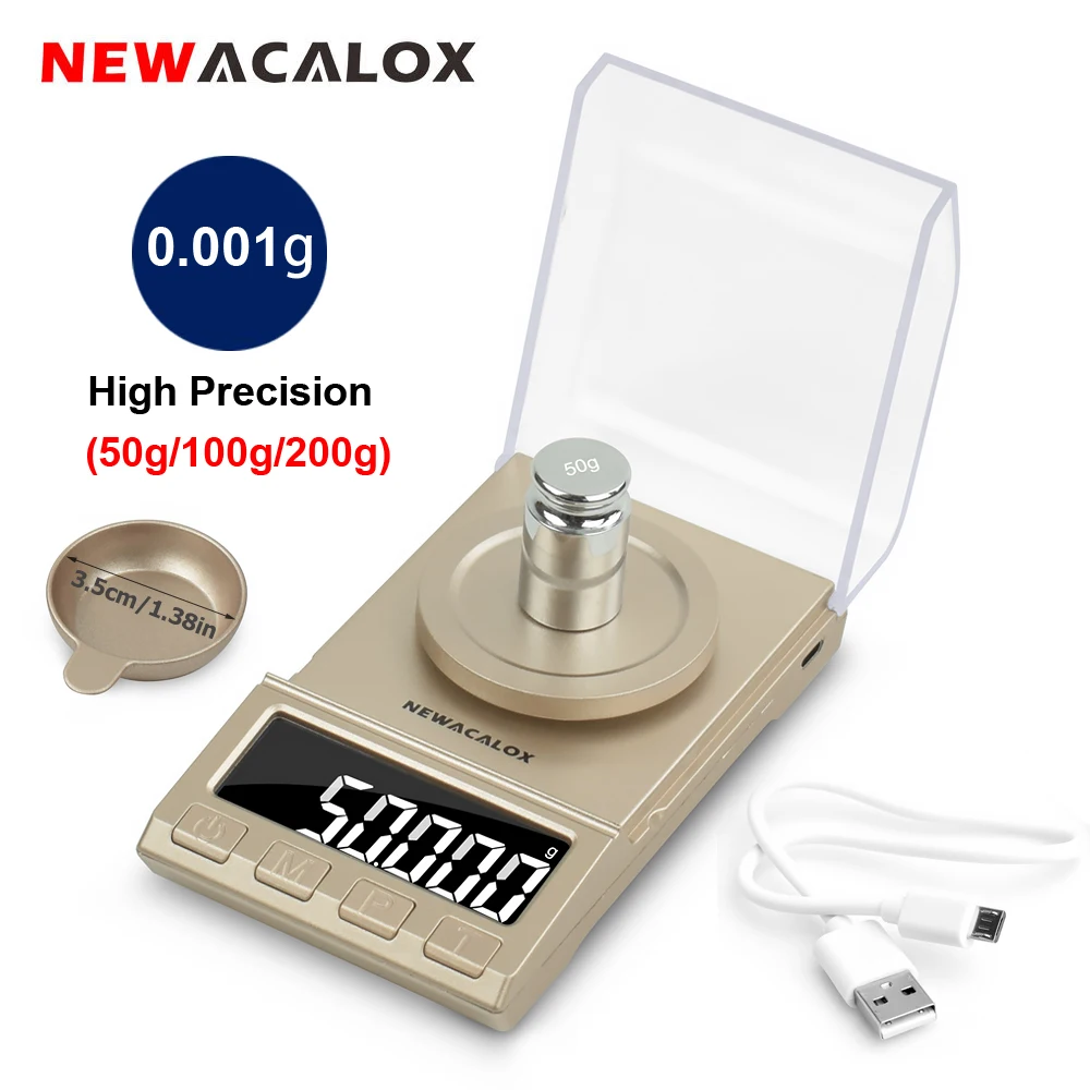 NEWACALOX 0.001g Precision Digital Scales 50g/100g/200g Balance Weight Electronic Jewelry Scale USB Powered Medicinal Weighing