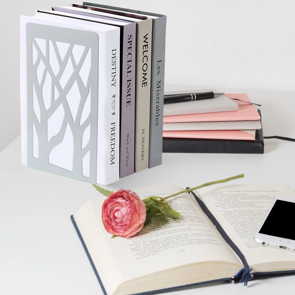 

2pcs White Metal Bookends Sturdy Book Holder Creative Book Stand For Desktop