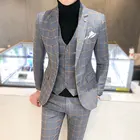 Мужская деловая одежда корейский Модный комплект из 3 предметов мужской свадебный костюм Новинка осенний мужской деловой Повседневный клетчатый костюм большого размера